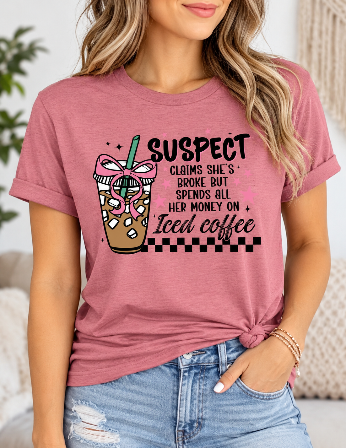 Suspect Iced Coffee T-Shirt | Funny Coffee Lover Shirt | Women's Graphic Tee