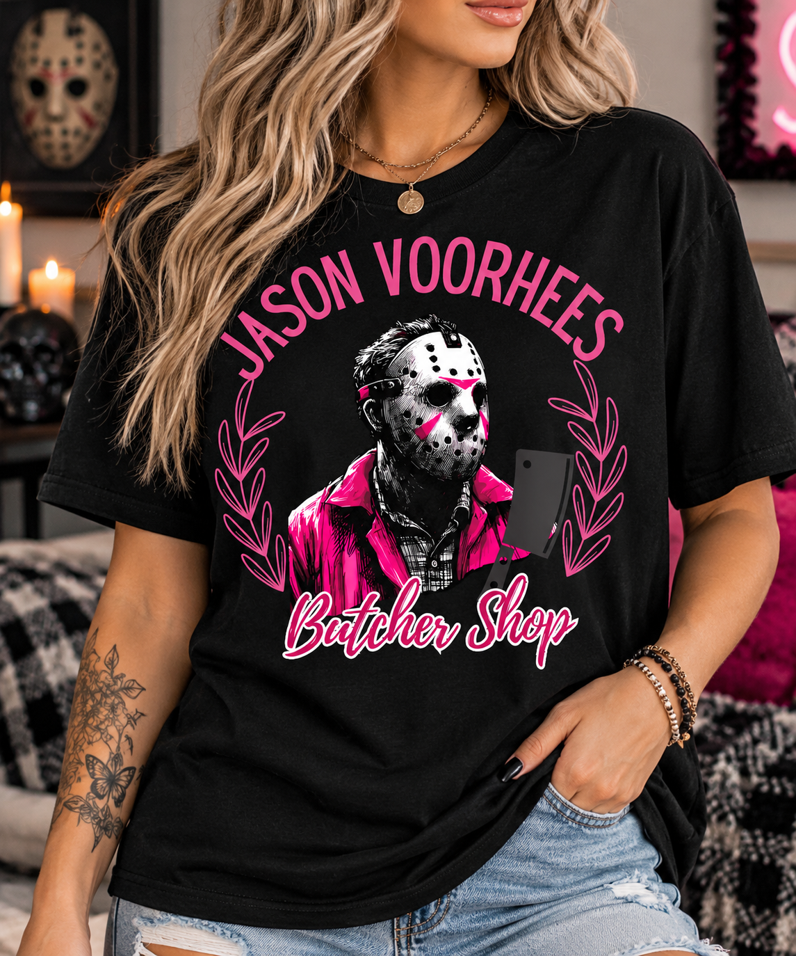 Jason Voorhees Butcher Shop Shirt, Pink Horror Graphic Tee, Slasher Movie Fan Shirt, Spooky Season T-Shirt, Horror Lover Gift