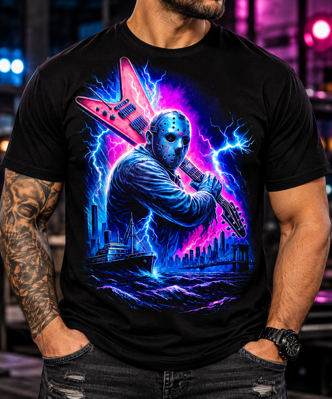 Horror Guitar T-Shirt | Hockey Mask Rocker Tee | Horror Music Graphic Shirt