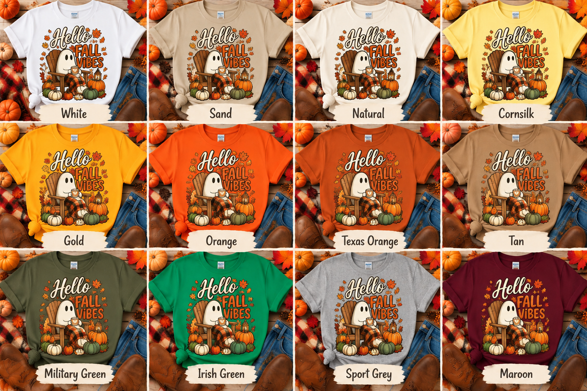 Hello Fall Vibes Shirt, Ghost Pumpkin Shirt, Fall T-Shirt, Halloween Shirt, Autumn Tee, Pumpkin Patch Shirt, Cozy Fall Shirt