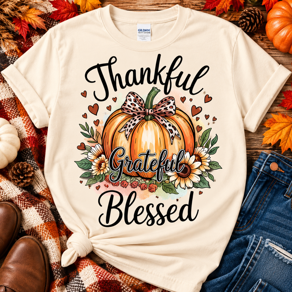 Thankful Grateful Blessed Shirt | Fall Pumpkin Shirt | Thanksgiving T-Shirt | Autumn Graphic Tee | Leopard Bow Pumpkin Shirt