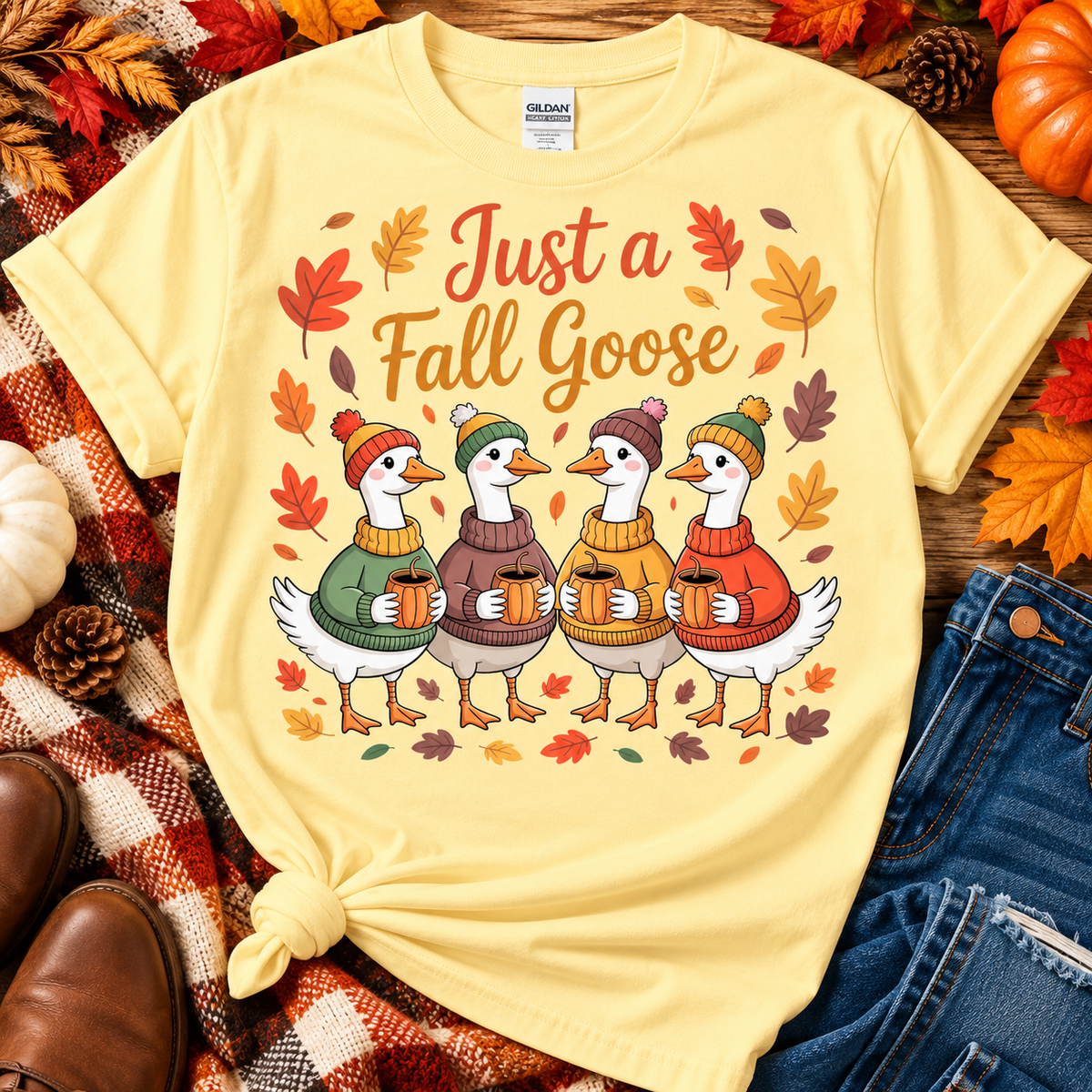 Just a Fall Goose Shirt | Cute Goose Fall T-Shirt | Autumn Goose Tee | Pumpkin Coffee Shirt | Cozy Fall Shirt