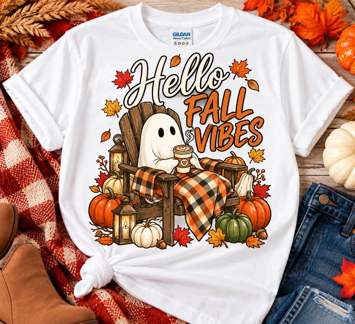 Hello Fall Vibes Shirt, Ghost Pumpkin Shirt, Fall T-Shirt, Halloween Shirt, Autumn Tee, Pumpkin Patch Shirt, Cozy Fall Shirt