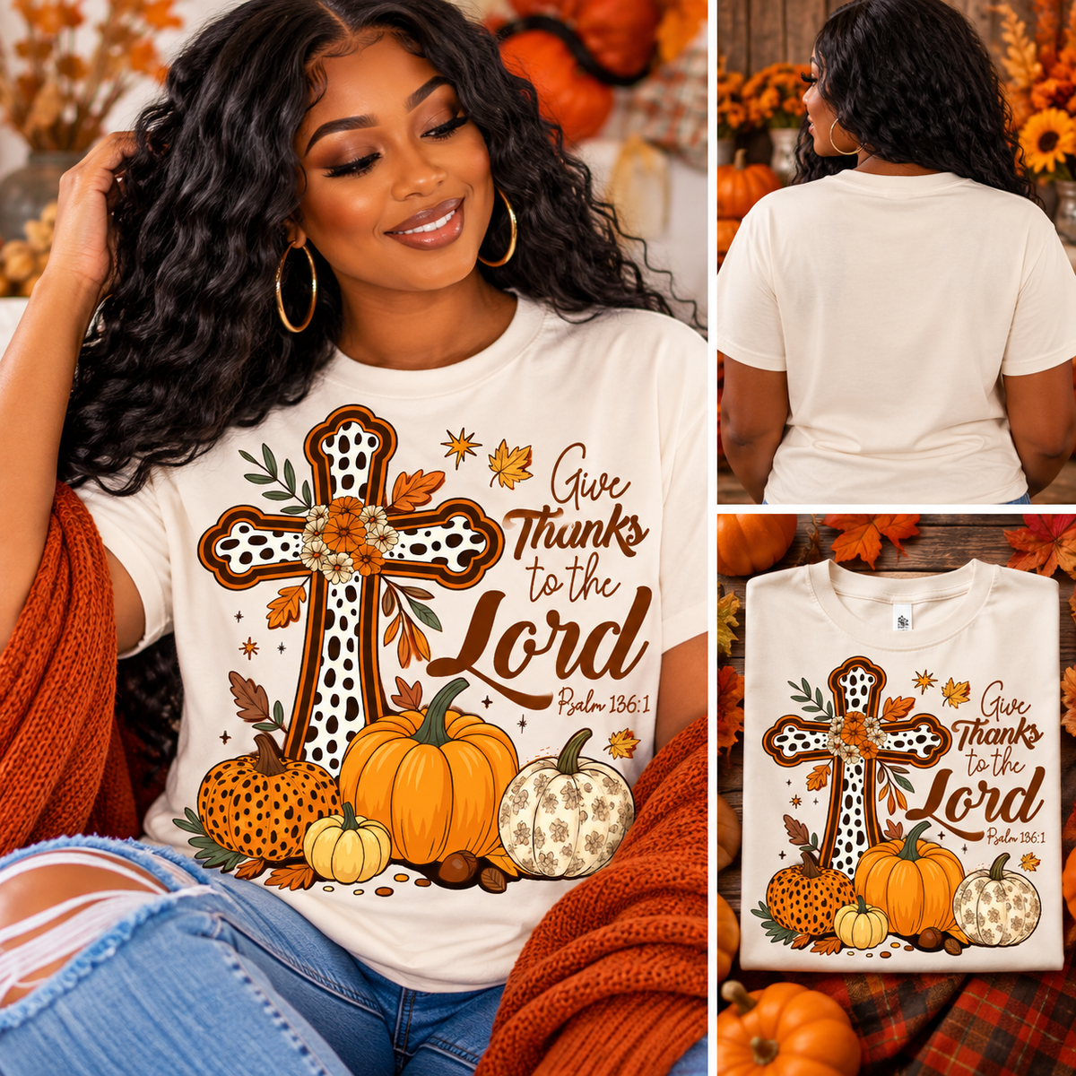 Give Thanks to the Lord T-Shirt | Christian Fall Pumpkin Tee | Psalm 136:1