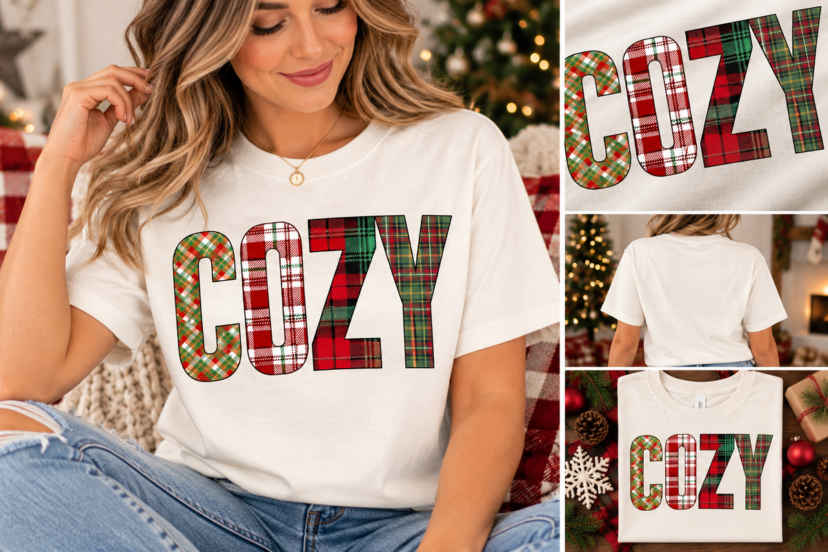 COZY Plaid Christmas T-Shirt | Christmas Graphic Tee | Holiday Shirt