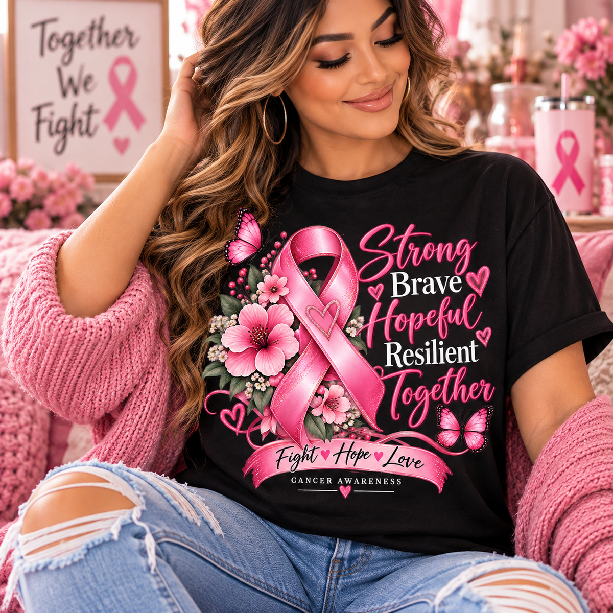 Strong Brave Hopeful Resilient T-Shirt | Breast Cancer Awareness Shirt | Fight Hope Love Tee